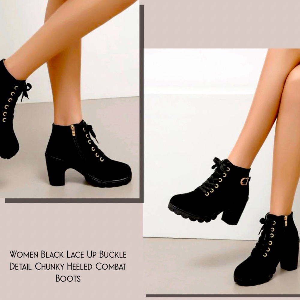 Lace Up Buckle Detail Chunky Heeled Booties